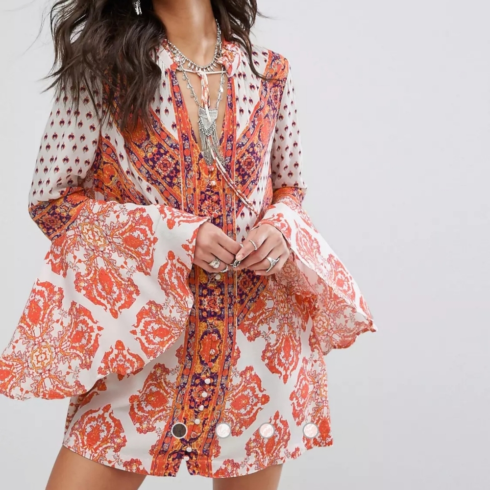 FREE PEOPLE Paisley Boho Chic V neck Bell Sleeve Blouse Tunic Top S